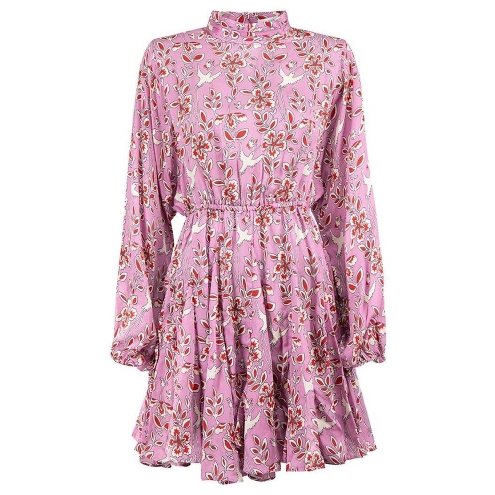 RHODE || Caroline High Neck Mini Dress Eden Floral Birds Pink Large - Picture 1 of 8